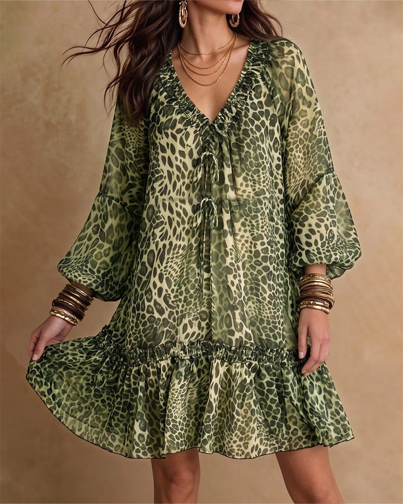 V-Neck Leopard Print Puff-Sleeve Ruffle Dress