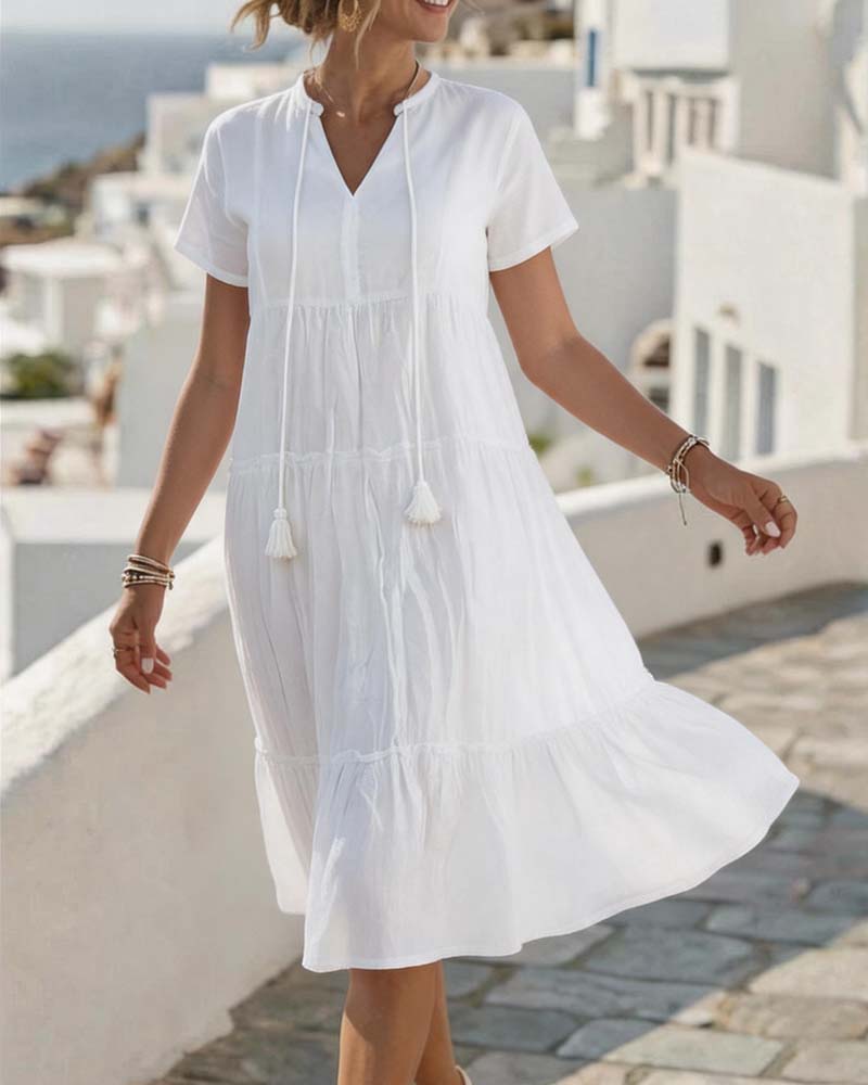 V-Neck Lace-Up Short-Sleeved Dress