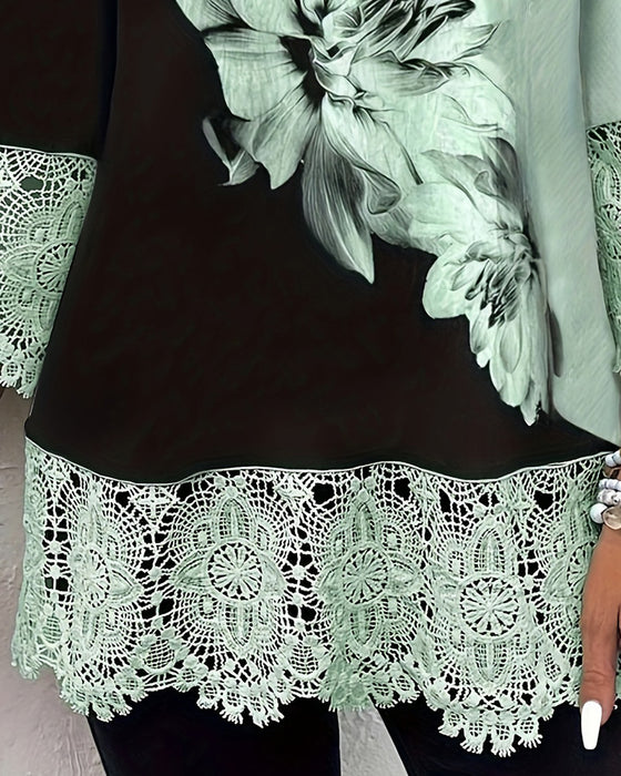 V-Neck Floral Color-Blocked Lace-Trimmed Shirt