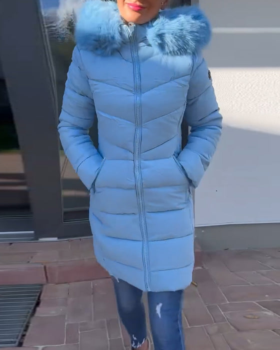 Casual solid color zipper pocket hooded padded jacket