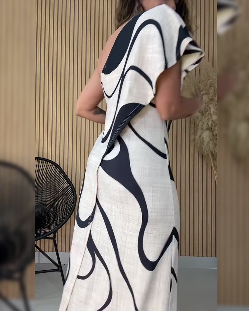 Ruffled Off-Shoulder Geometric Print Fashion Dress