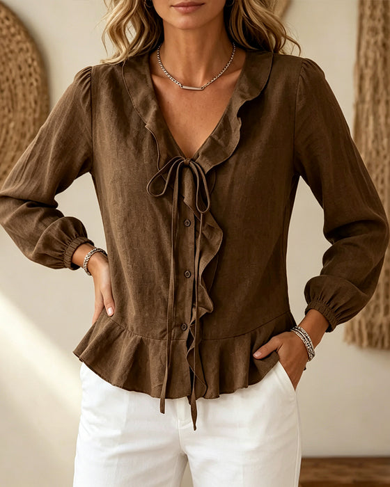 V-Neck Ruffle Tie Long Sleeve Blouse