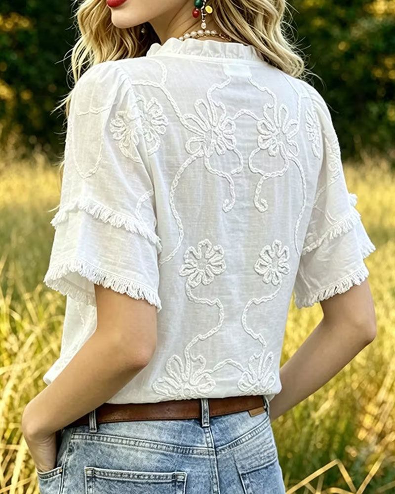 Fringed Hem Puff Sleeve Blouse