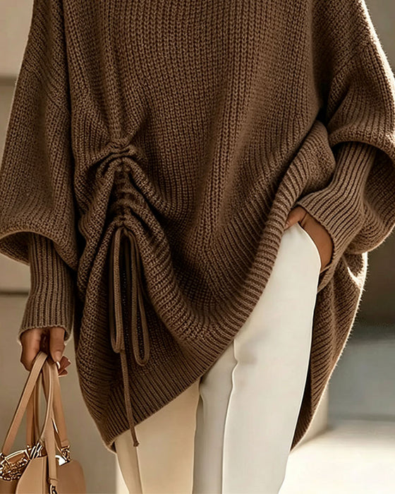 Crew Neck Drawstring Relaxed Solid Knit Pullover