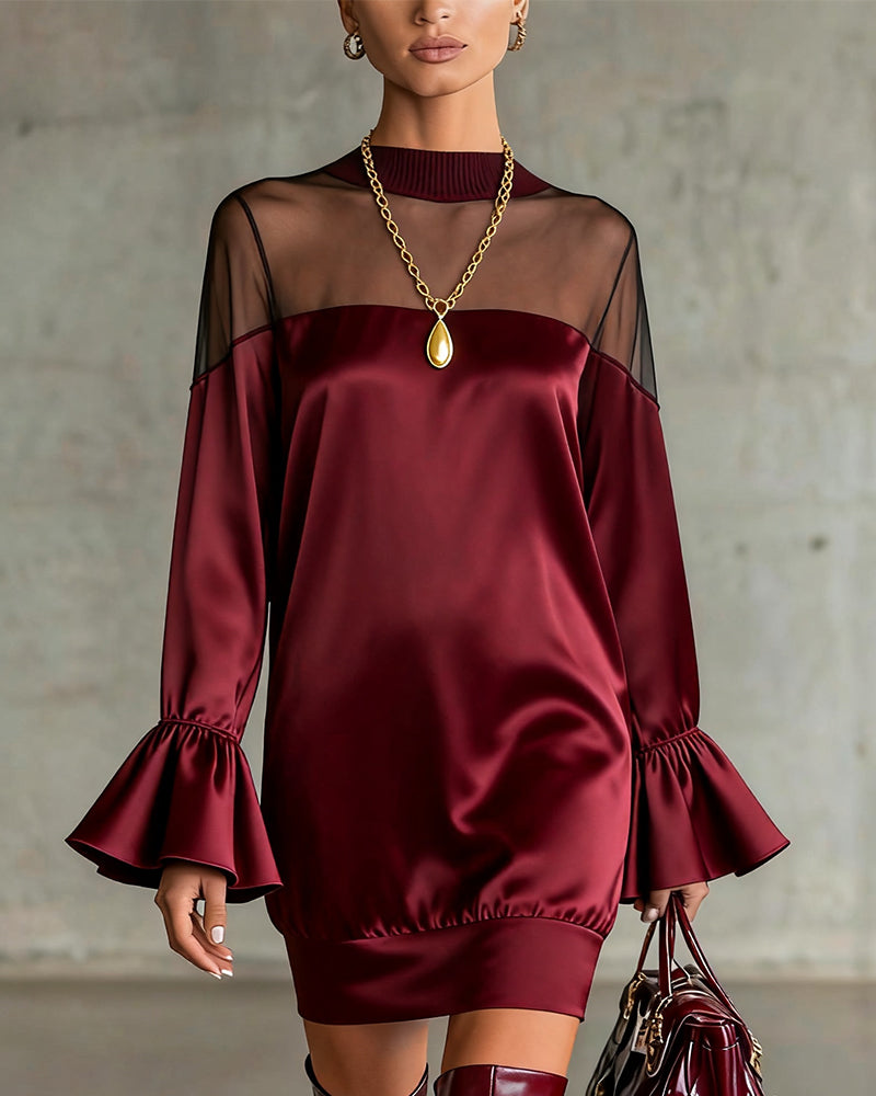 Bell Sleeve Mesh Paneled Dress