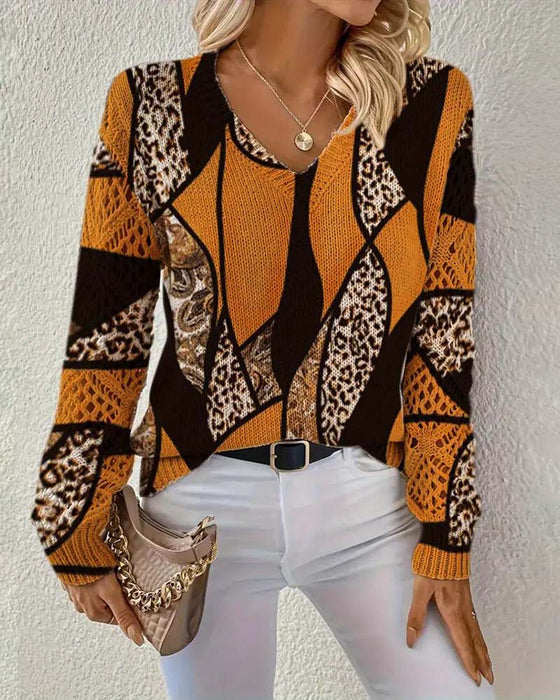 V-Neck Hollow Leopard Print Jumper