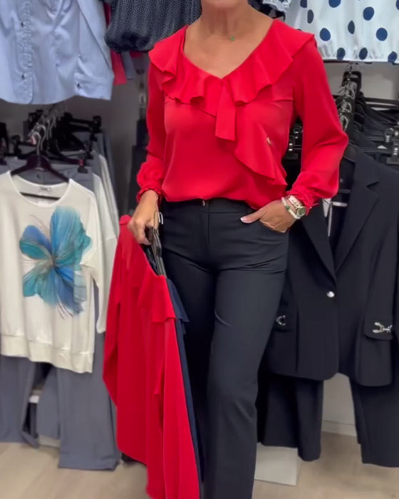 Fashion Red Ruffle Blouse