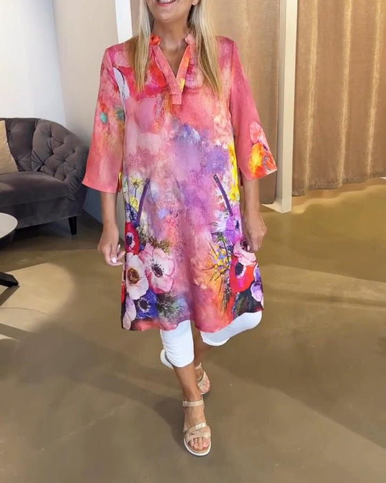 Stylish Stand-Collar Floral Print Dress