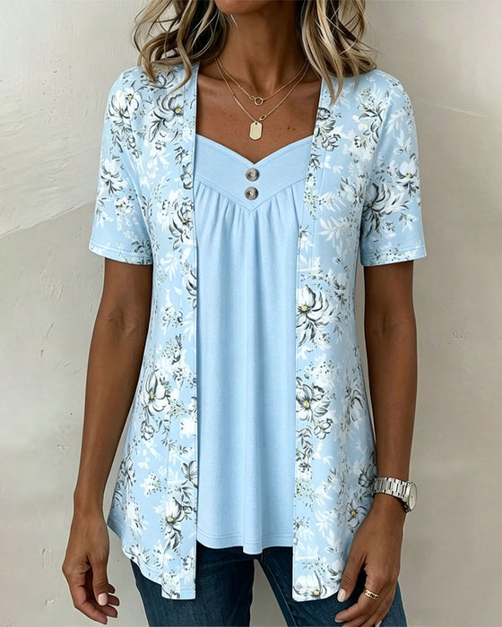 Floral Print Faux Two-Piece T-Shirt