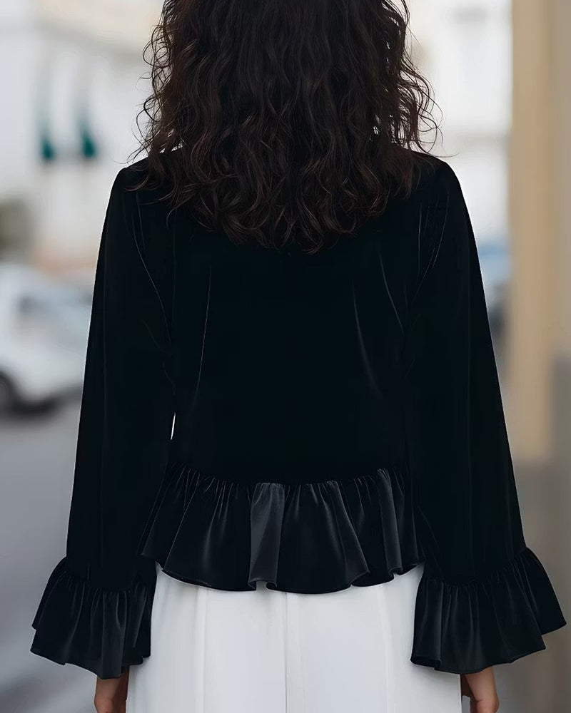 Crew Neck Ruffle Flare Sleeve Blouse