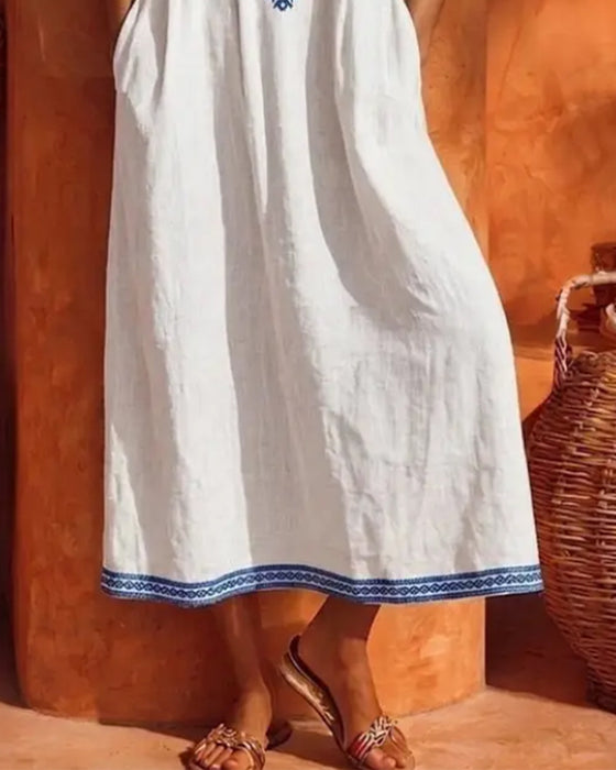 V-Neck Bohemian Full Skirt Pocket Dress