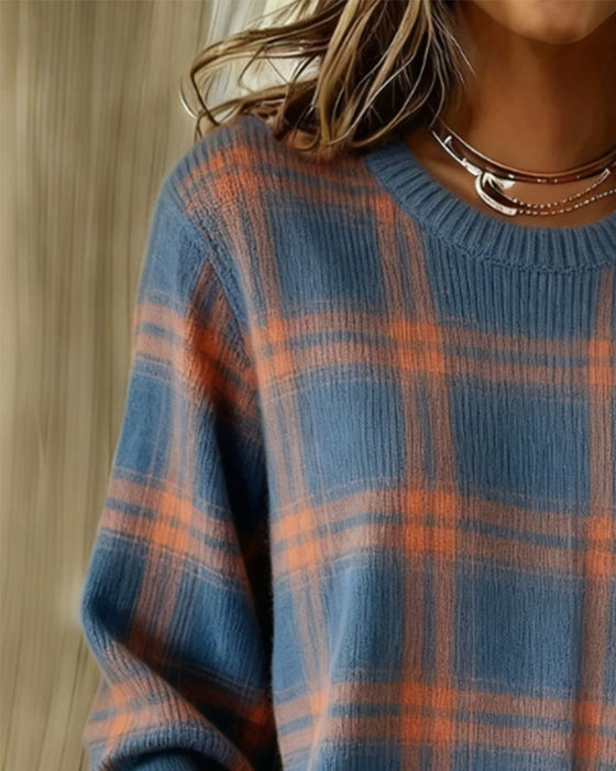 Long Sleeve Plaid Round Neck Jumper