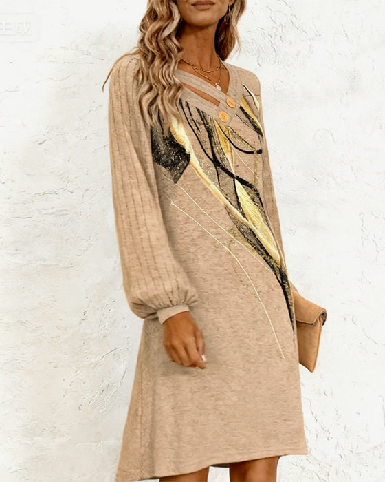 Long-Sleeved Printed Straight Dress