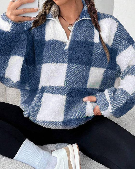 Half-Zip Stand Collar Plaid Sweatshirt