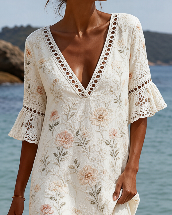 Flutter Sleeve Hollow Out V-Neck Floral A-Line Dress