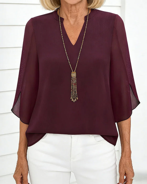 V-Neck Mandarin Collar Small Slit Half Sleeve Blouse