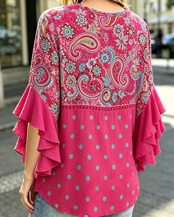 V-Neck Floral Polka Dot Ruffle Blouse