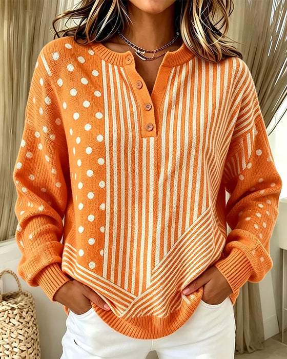 Button Front Stripe Polka Dot Drop Shoulder Knit Pullover