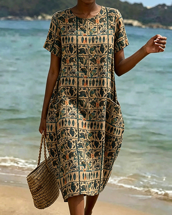 Vintage Crew Neck Pocket Dress