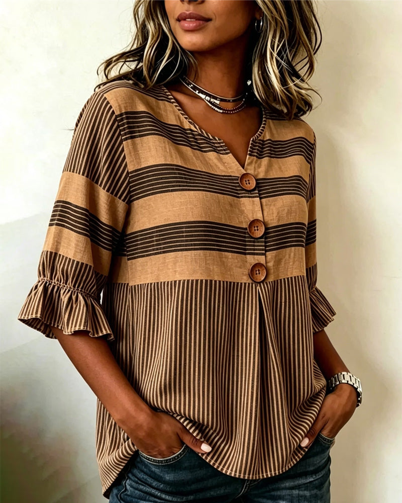 V-Neck Ruffle Striped Patchwork Blouse