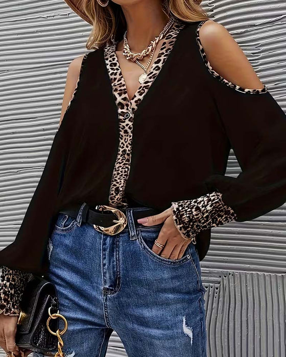 Off-Shoulder Leopard Patchwork Long Sleeve Blouse