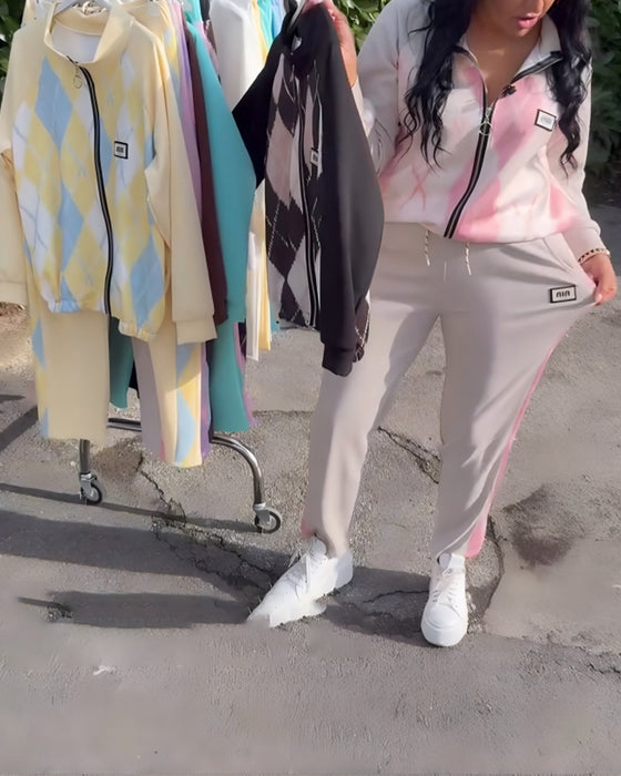 Plaid Zip-Up Top And Trousers Two-Piece Set