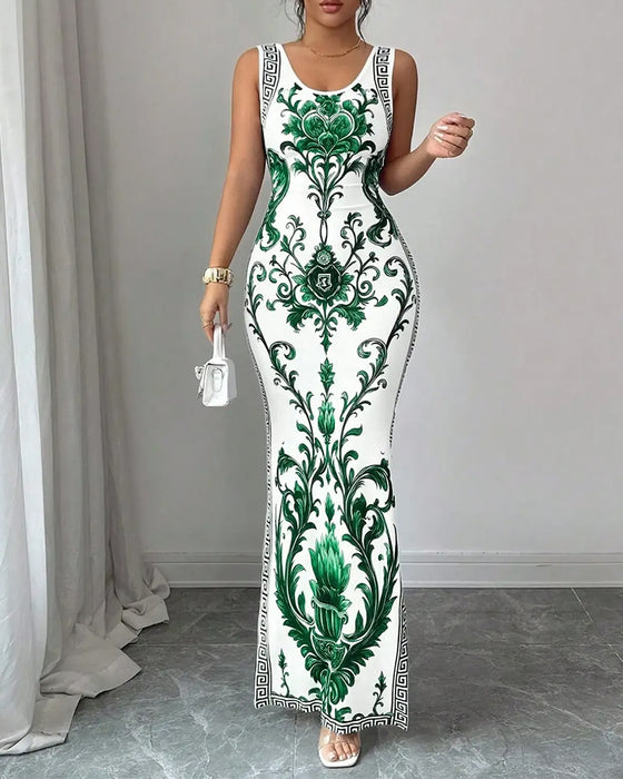 Blue-and-White Sleeveless Slit Maxi Dress