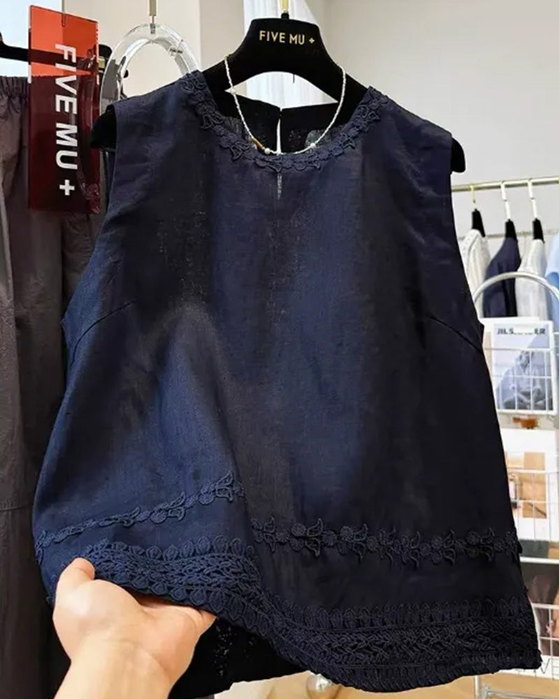 Round Neck Embroidered Trim Tank Top