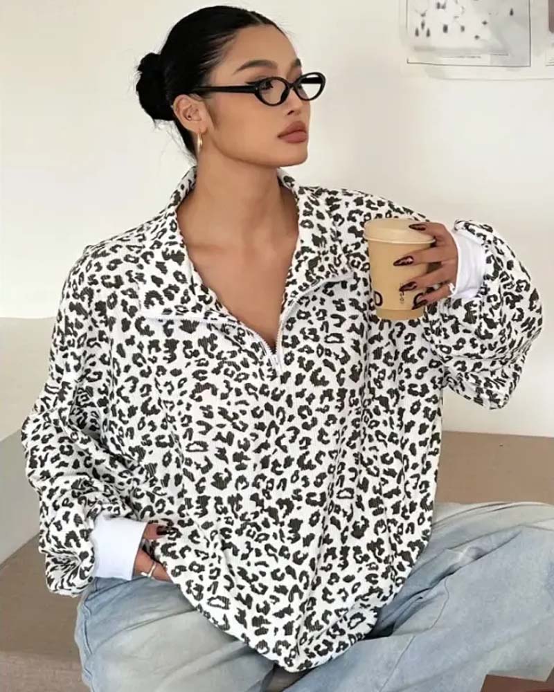 Zip Leopard Casual Sweatshirts