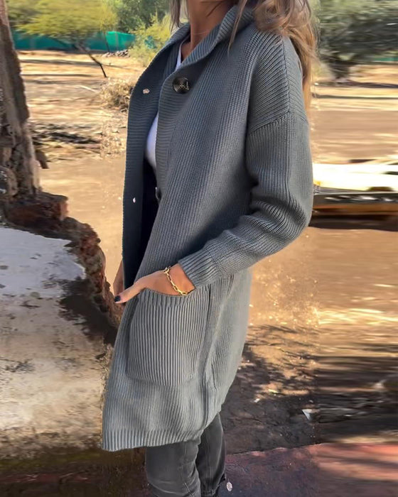 Casual solid color button pocket hooded cardigan