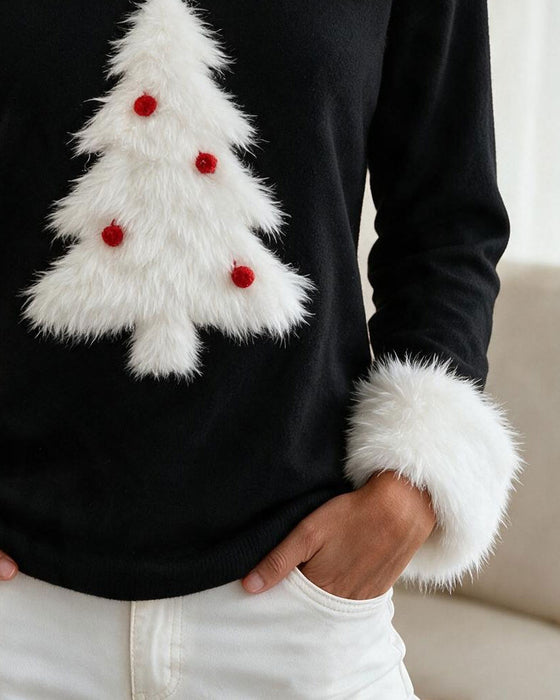 Crew Neck Christmas Tree Color-Block Top