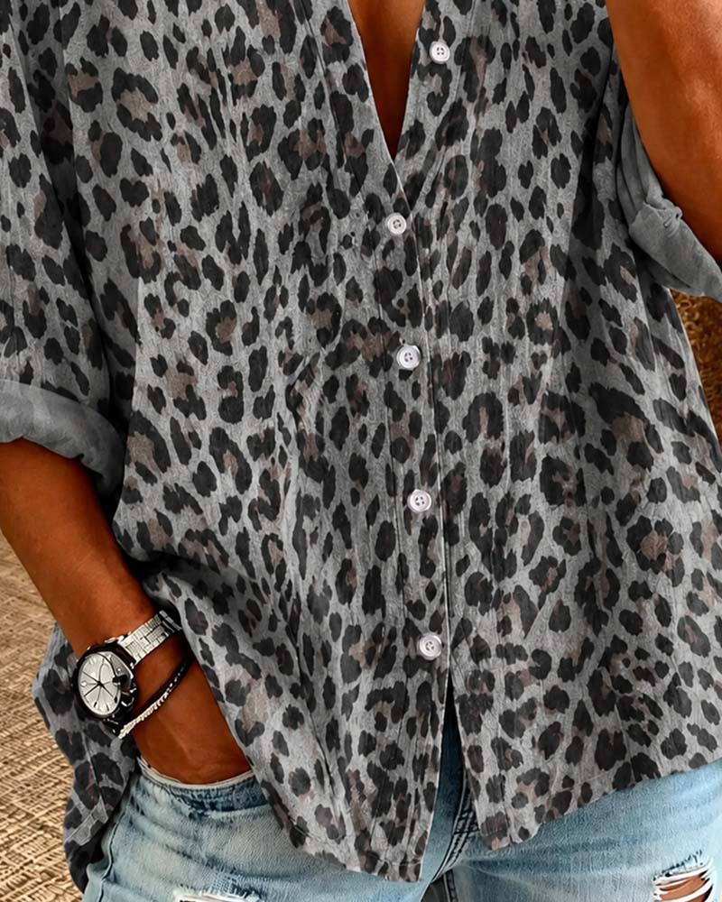V-Neck Button Leopard Long Sleeve Shirt