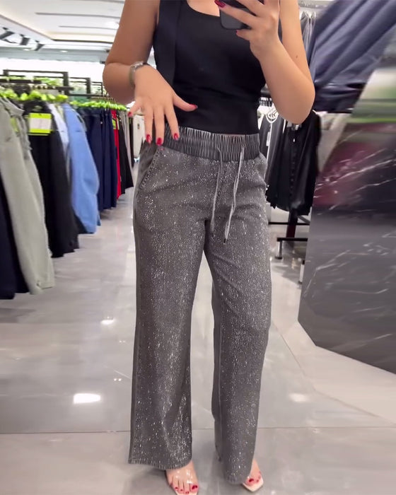 Casual solid color pocket elastic waist pants