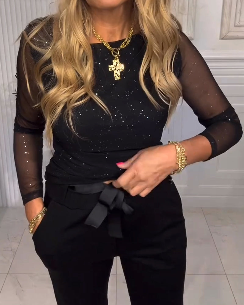 Long-Sleeved Sequined Patchwork Top