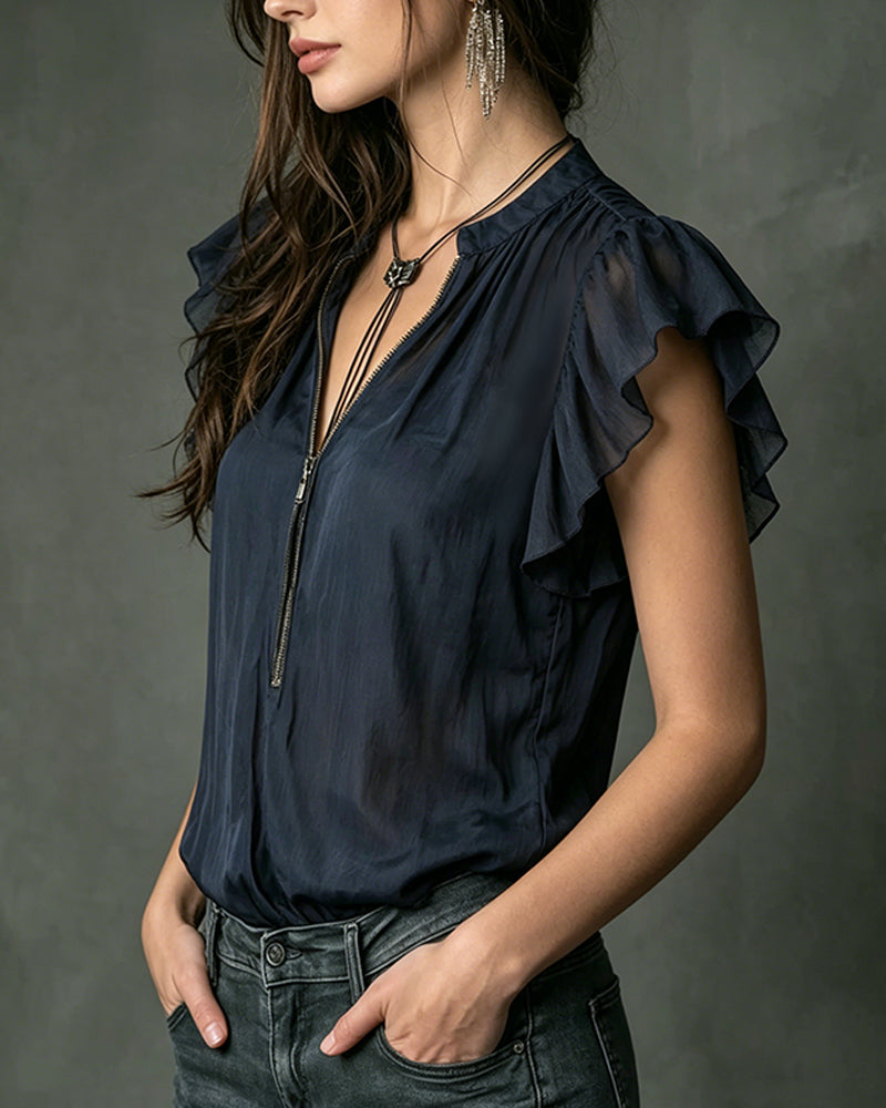 Flutter Sleeve Half-Zip Designer Blouse