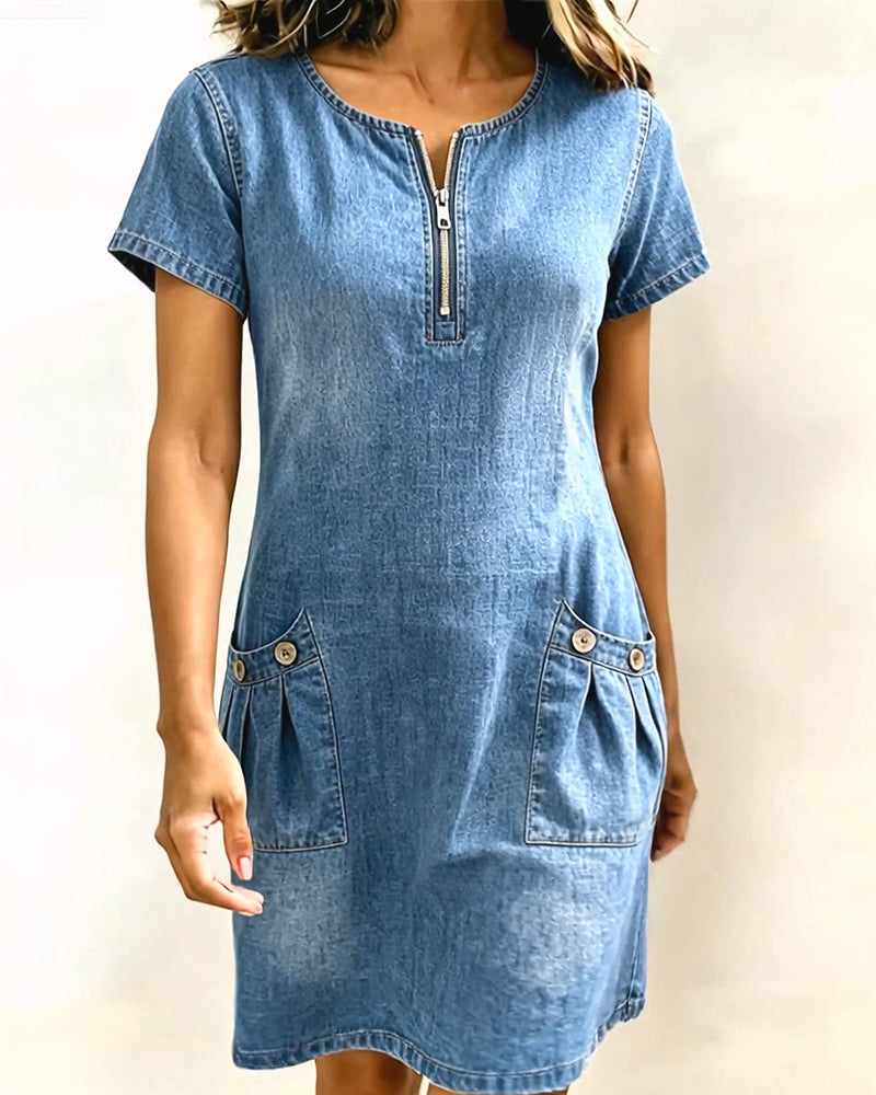 Denim Half-Zip Pocket Short Sleeve Dress