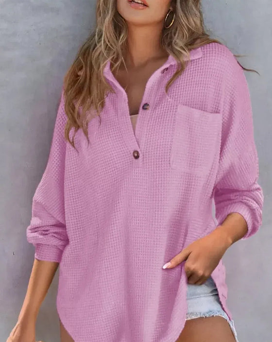 Solid Button-Down Loose Lapel Blouse