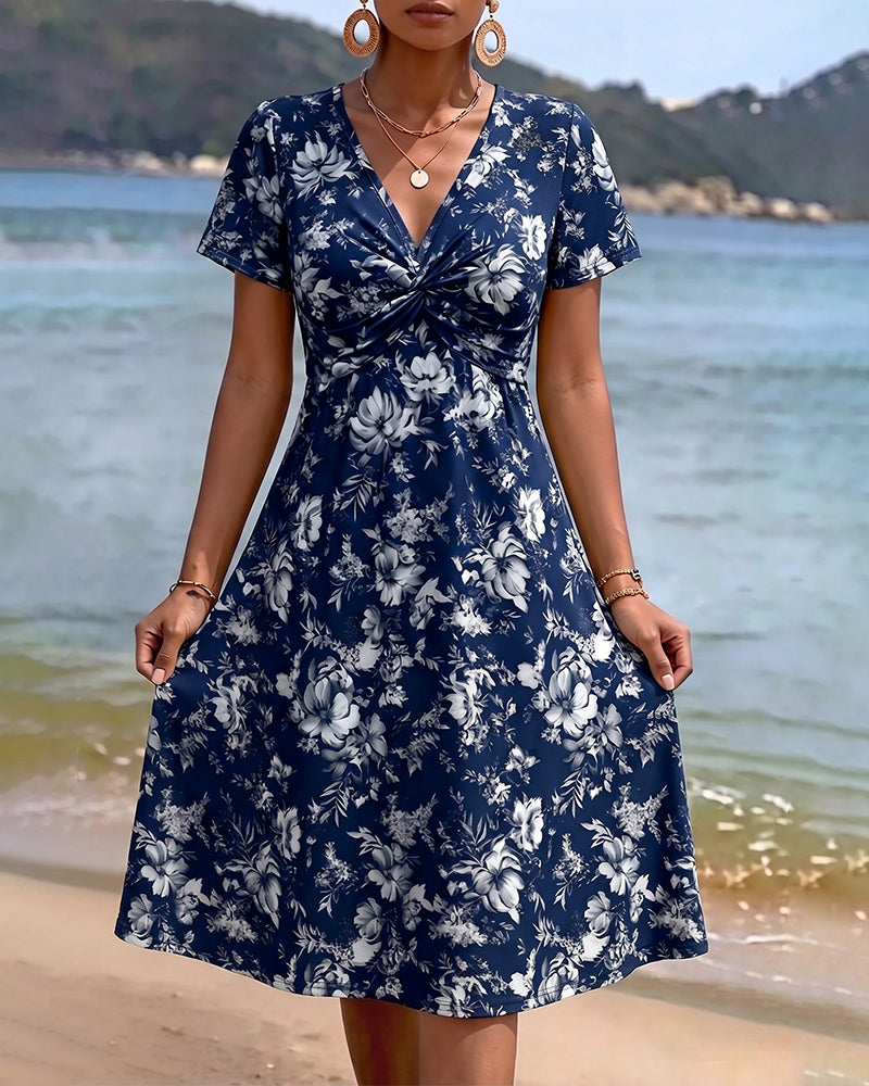 Floral V-Neck Twist Knot Dress