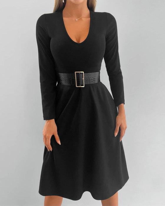 V neck Elegant Dress with Long Sleeve