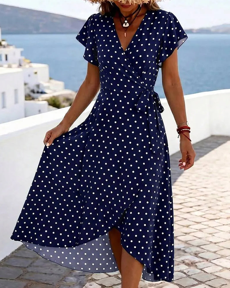 V-Neck Polka Dot Ruffle Waist Dress