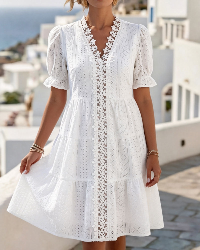 Puff Sleeve V-Neck Lace A-Line Dress