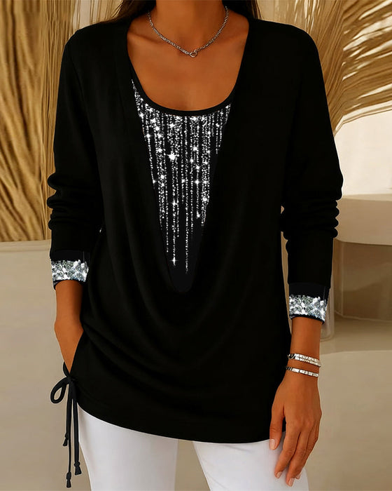 Drop Collar Fine Glitter Fake Two-Piece Top