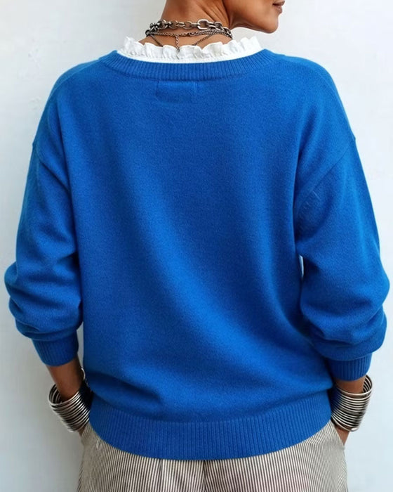 Faux Two-Piece V-Neck Lace Trim Pullover