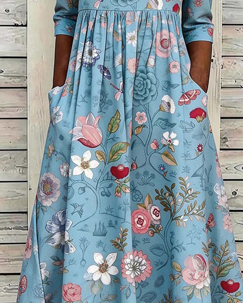 Round Neck Pleated Floral A-Hem Dress