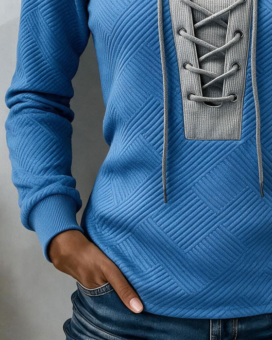 Lace-Up Ribbed Color-Block Slim-Fit Sweatshirt