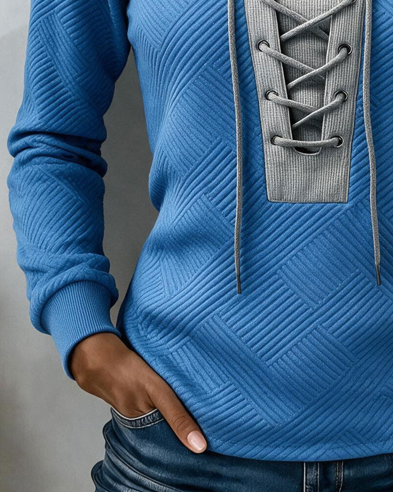 Lace-Up Ribbed Color-Block Slim-Fit Sweatshirt