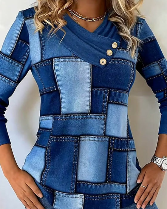 V-Neck Contrast Solid Color Long-Sleeved Top