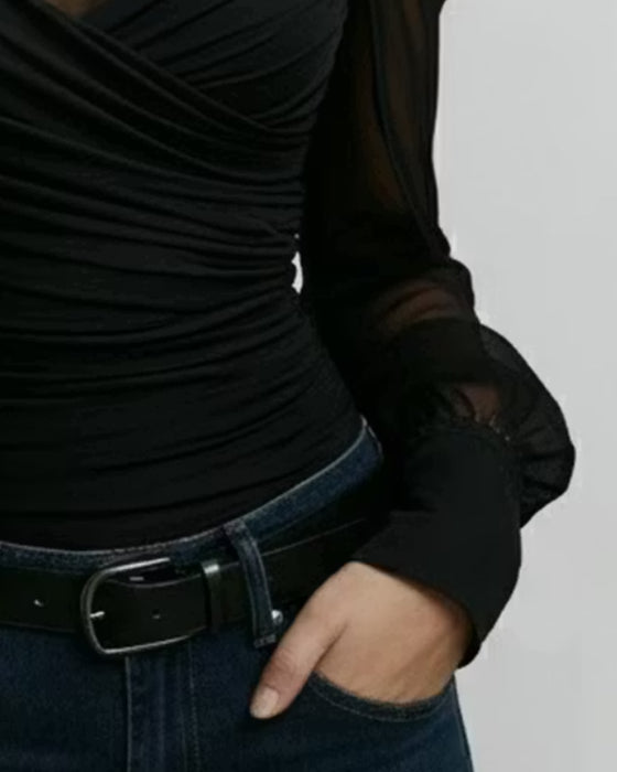 High Neck Cold Shoulder Cross Shirred Top
