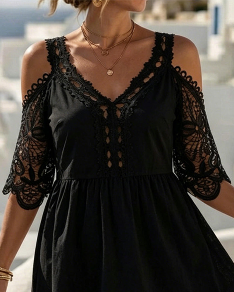 Lace Off-Shoulder Tiered Short Dresses