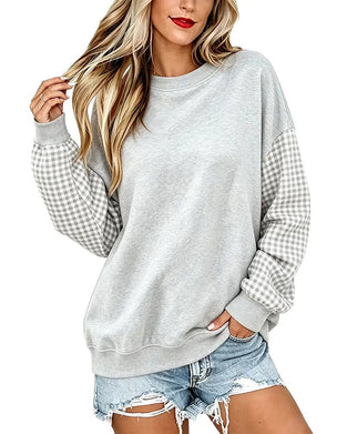 Crew Neck Plaid Patchwork Solid Sweatshirt